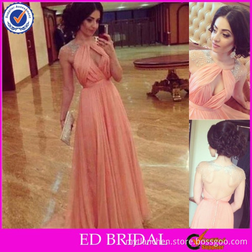 LN09 Long Style Coral Chiffon Keyhole Front Open Back Designer Sexy Patterns Prom Dress